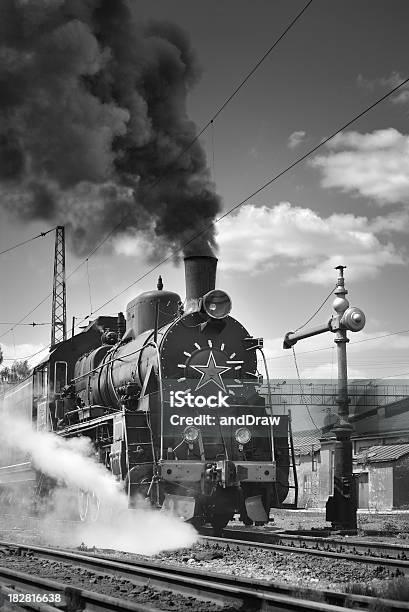 Vintage Soviet Steam Locomotion Black And White Image Stock Photo - Download Image Now