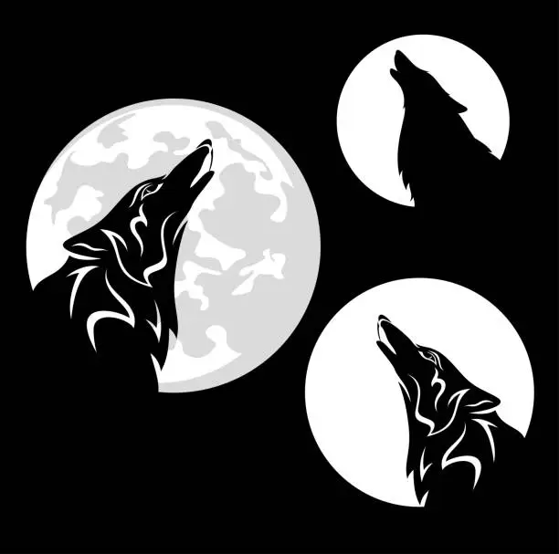 Vector illustration of howling wolf and full moon disk black and white vector silhouette set