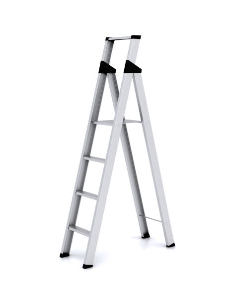 istock Silver open metal stepladder against white background 182818374