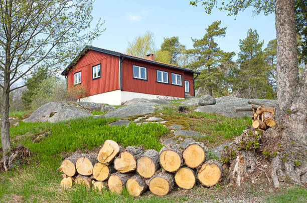 istock Typical Swedish red summer cottage with firewood in spring. 182819466