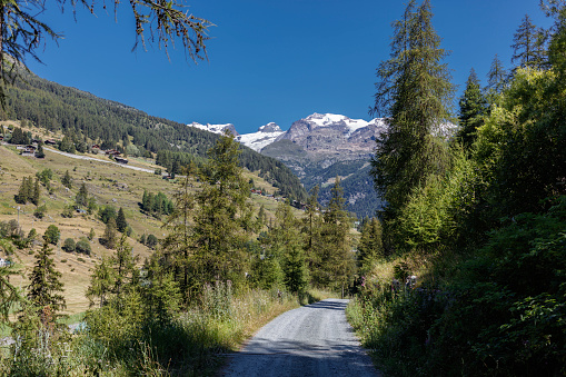 Mountain landscape in Aosta Valley - Vallée d'Ayas. In the background, Monte Rosa massif.