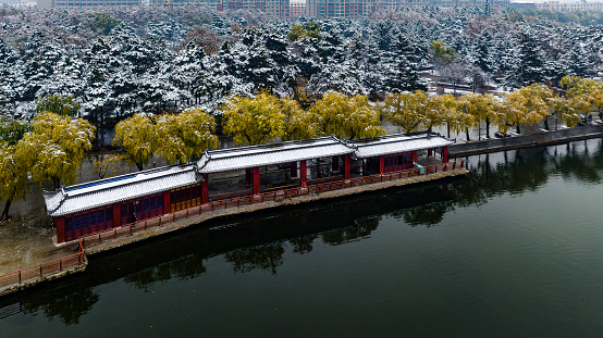 Landscape of pavilion in Nanhu Park, Changchun, China after snow