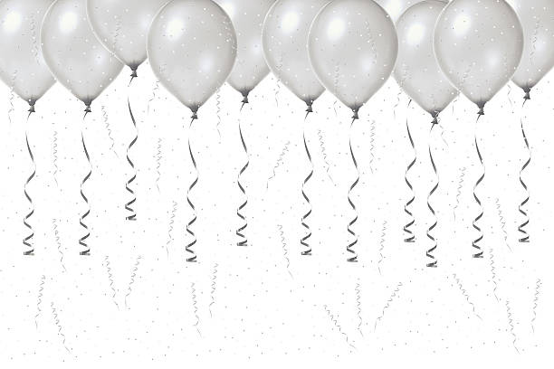 Silver Anniversary Celebration Silver party balloons with streamers and confetti floating on whiteGold/Silver alternatives... black and white balloons stock pictures, royalty-free photos & images