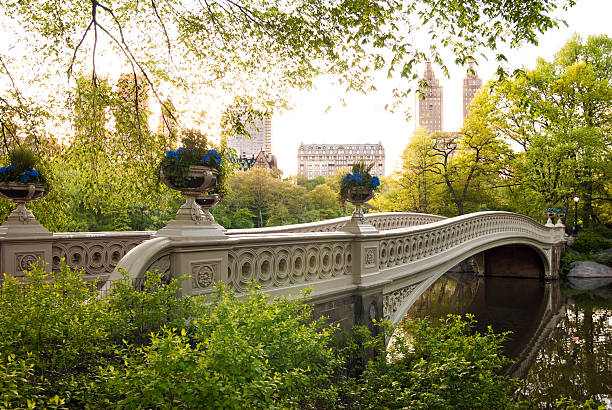 Bow Bridge at Central Park with buildings in background