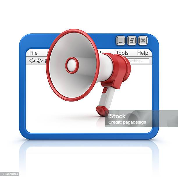 Megaphone In Browser Stock Photo - Download Image Now - Announcement Message, Blue, Border - Frame