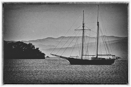 Tall ships moored at the Port of Cape Town in Cape Town, South Africa. Vintage photo etching circa 19th century.