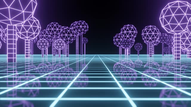Technology wireframe landscape. Perspective grid with futuristic garden. Digital space with geometric shapes. Blue mesh on a black background. 3d rendering.