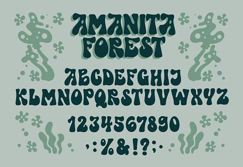 Modern groovy 60s style font. Psychedelic mushroom themed boho typeset. Creative unique hand drawn letters. Hippie style alphabet. For print, poster, banners, web, fashion purposes.