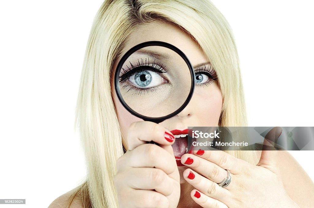 Curious Young Woman Holding Magnifying Glass Adult Stock Photo