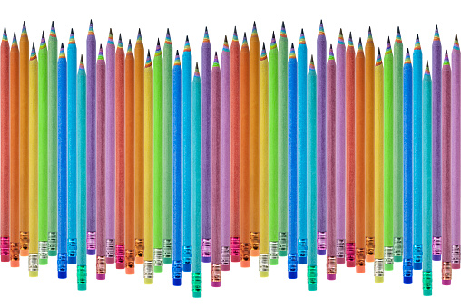 Colored Pencils Made by Recycled Paper Arranged. Environmentally friendly stationary supplies