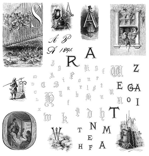 복고풍 알파벳 편지들이 - letter p letter a typescript ornate stock illustrations