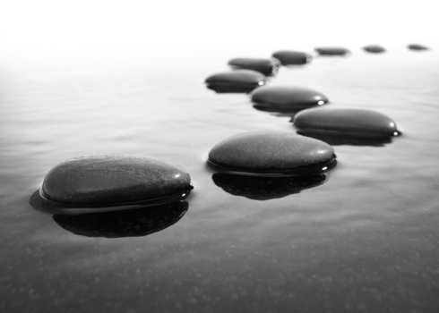 black pebbles in water arranged in s-shape