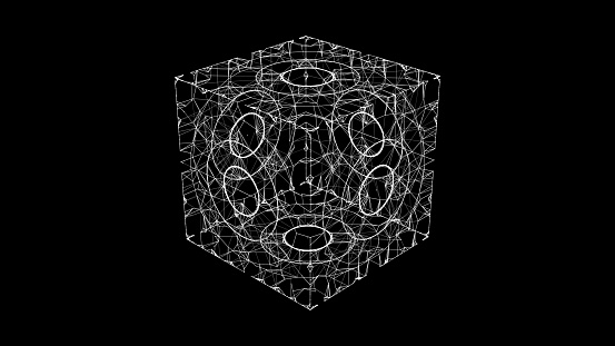 Abstract black sci-fi cube with particle and line. Vector technology network connection on world. Global digital connections ai. Wireframe cube. Blockchain encryption.