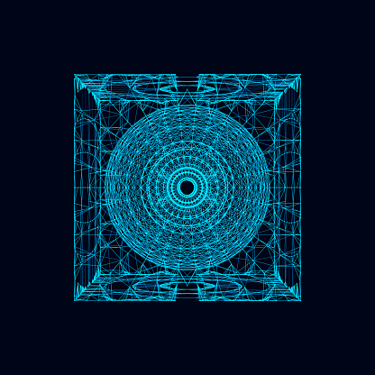 Abstract blue sci-fi cube with particle and line. Vector technology network connection on world. Global digital connections ai. Wireframe cube. Blockchain encryption.