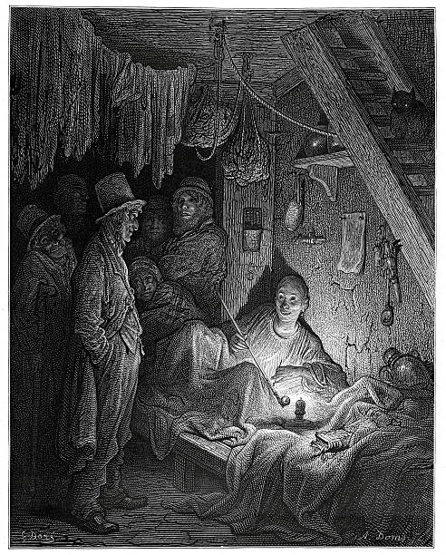 Victorian London - An Opium Den Vintage engraving showing a scene from 19th Century London England. Showing people smoking opium in a Whitechapel opium den circa 1870. opium poppy stock illustrations