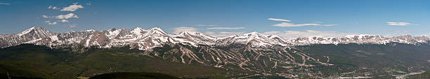 Panorama of Ten Mile Mountain Range "Panoramic image of Ten Mile Range in Breckenridge, Colorado.  Breckenridge Ski Resort is in the middle of the range.  Image captured from Baldy Mountain, across the Blue River Valley.  Six images stitched in Photoshop CS4.See my other Mountain Scenery Images!" tenmile range stock pictures, royalty-free photos & images