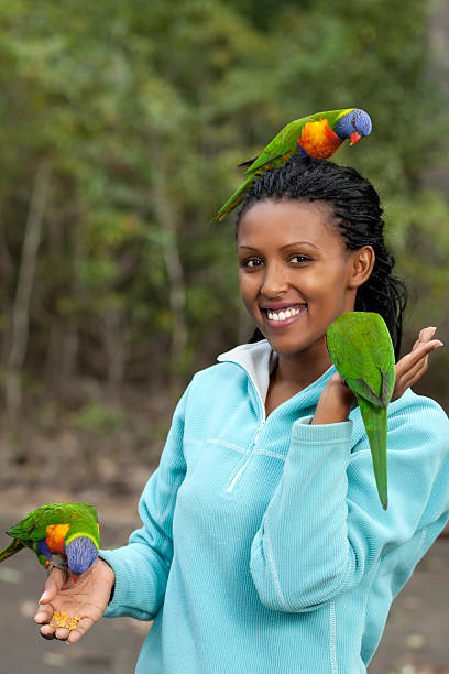 parrots y chica. - parrot young animal human hand cute fotografías e imágenes de stock