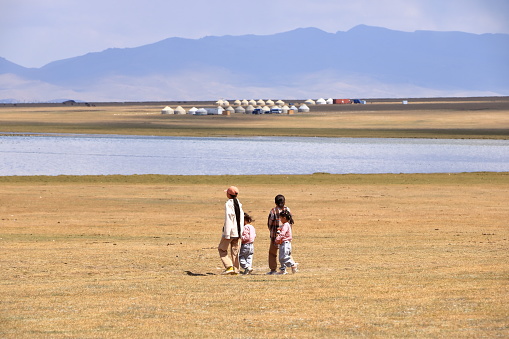 August 23 2023 - Song kol lake in Kyrgyzstan: nomad people live their ordinary life on the summer pasture