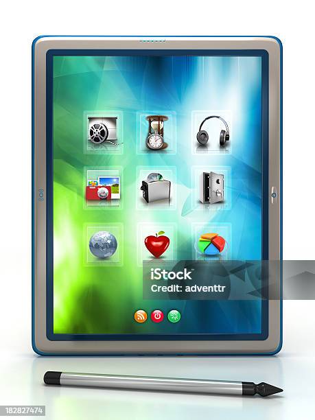 Tablet Pc Con Lápiz Stylus Foto de stock y más banco de imágenes de Arte cultura y espectáculos - Arte cultura y espectáculos, Auriculares - Equipo de música, Azul