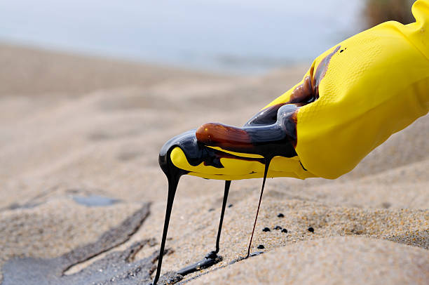 Oil Spill: Environmental Disaster A gloved hand of unidentifiable/unnamed emergency worker scooping oil from pristine beach sand. mike cherim stock pictures, royalty-free photos & images