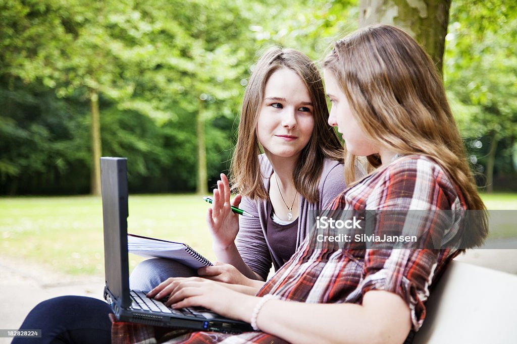Nastoletnie dziewczyny nauki z laptopa - Zbiór zdjęć royalty-free (Nastoletnie dziewczyny)
