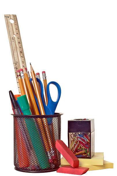 школьных принадлежностей - ruler ballpoint pen pen isolated стоковые фото и изображения