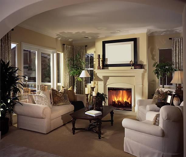 istock Architectural photo of living room interior with lit fire 182828527