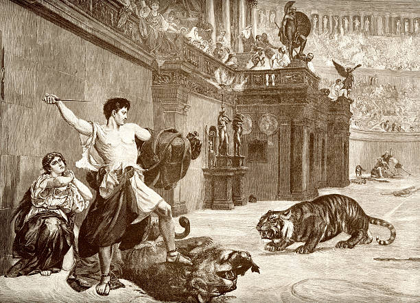 Hero in the Arena Vintage engraving of showing a man saving a woman from a lion and tiger in the Roman Arena. roman illustrations stock illustrations