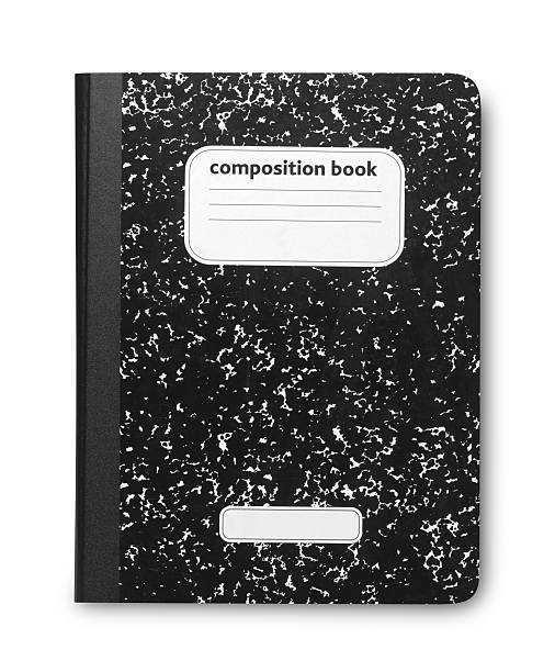 Composition Book A student's old black and white marble composition book. Scratches on cover due to old nature of book. Isolated on white with soft shadow. composition stock pictures, royalty-free photos & images