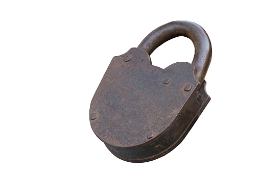 An antique brass padlock and rusted chain.
