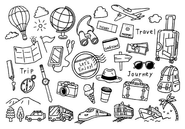 Hand drawn travel illustration set, black and white line drawing Hand drawn travel illustration set, black and white line drawing hit the road stock illustrations