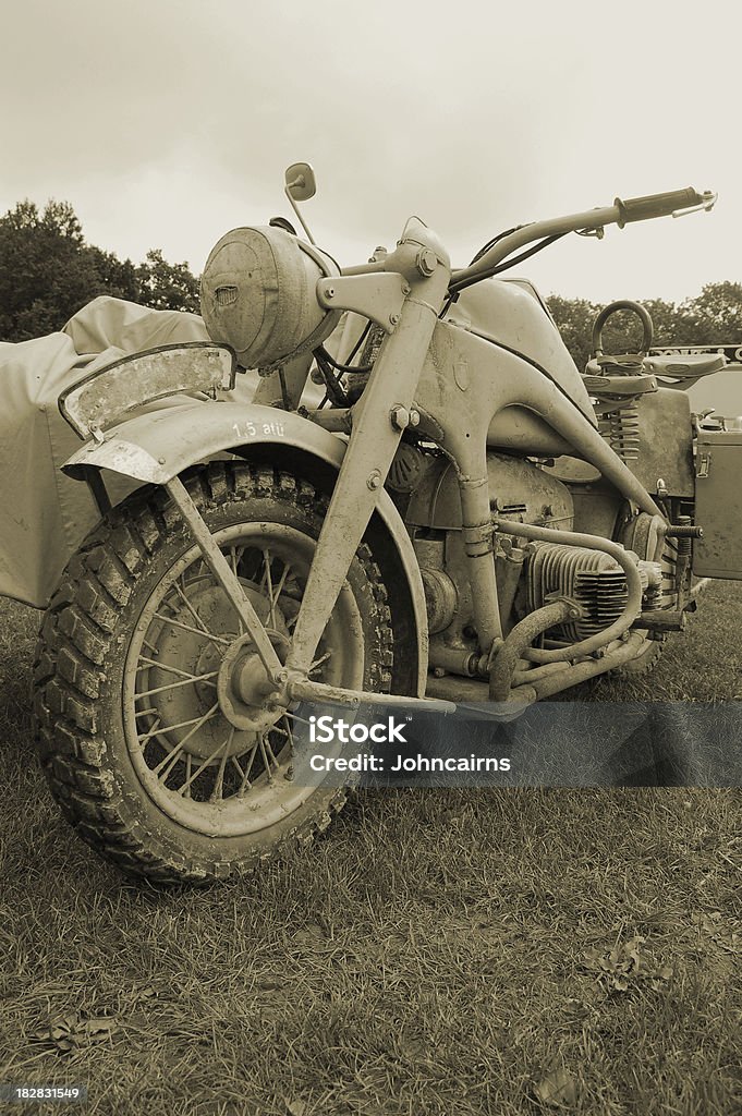WW2 German BMW Motorcycle. Mud covered WW2 German BMW Motorcycle. Concepts Stock Photo