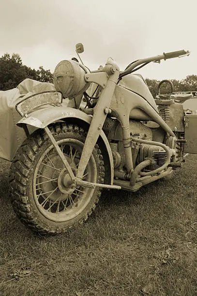 Mud covered WW2 German BMW Motorcycle.