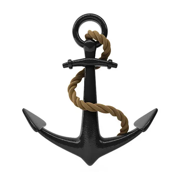 Three dimensional model of the black painted anchor with a rope. Isolated on white.