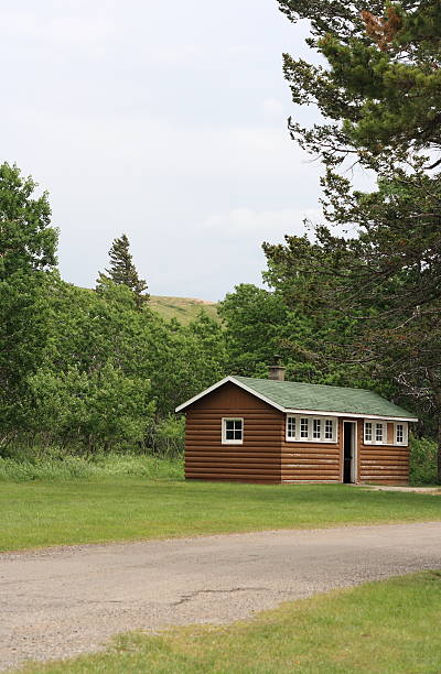istock log cabin in forest park brown side green roof 182832213