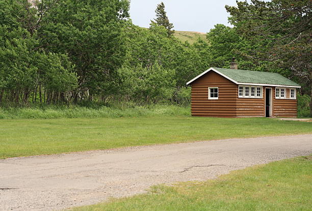 istock log cabin in forest park brown side green roof 182832215