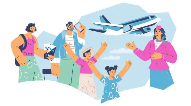 Vector illustration of Family travel banner concept with people going to travel by plane, vector.