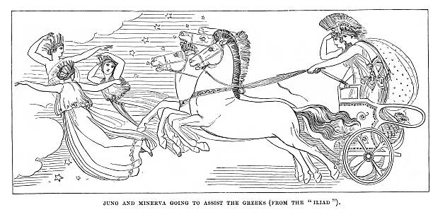 ilustrações de stock, clip art, desenhos animados e ícones de juno e minerva - engraving minerva engraved image roman mythology