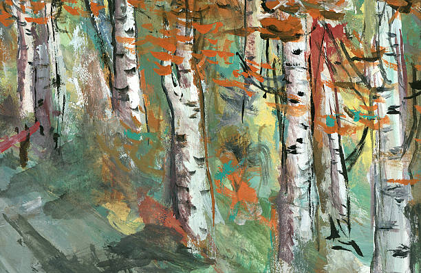 birch árboles de pintura de acuarela - paintings landscape autumn painted image fotografías e imágenes de stock