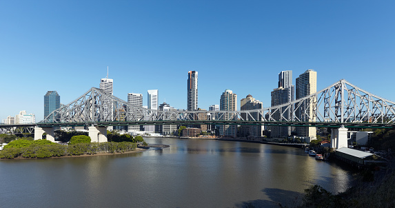 XXL Panorama of the Brisbane CBD skyline and Story Bridge from across the Brisbane River. 