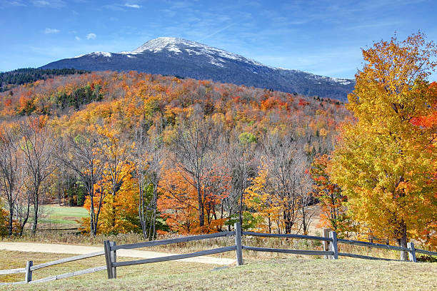 Autumn Color in the White Mountains of New Hampshire Snowcapped mountains in the White Mountains National Forest in New Hampshire during the autumn foliage season. Photo taken during the peak fall foliage season. New Hampshire is one of New England's most popular fall foliage destinations bringing out some of the best foliage in the United States white mountains new hampshire stock pictures, royalty-free photos & images