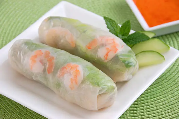 "A refreshing appetizer of cold shrimp, vermicelli, lettuce, mint, and bean sprouts, wrapped in a rice paper roll.Another image from this series:"