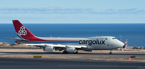 Tenerife, Spain october 30st, 2023. Cargolux Airlines, Boeing 747-467F. Airplane of CargoLux taxiing on runway