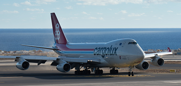 Tenerife, Spain october 30st, 2023. Cargolux Airlines, Boeing 747-467F. Airplane of CargoLux taxiing on runway