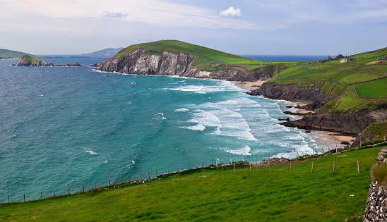 Panoramic of the westernmost headlands of the Dingle Peninsula near Slea Head, County Kerry, Ireland in spring.