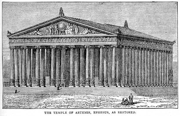 Temple of Artemis, Ephesus Vintage engraving showing the Temple of Artemis at Ephesus.  Ephesus was an ancient Greek city, and later a major Roman city, on the west coast of Asia Minor, near present-day Selcuk, Izmir Province, Turkey. Artemis stock illustrations