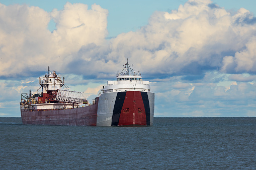 A freighter ship traveling on Lake Superior.