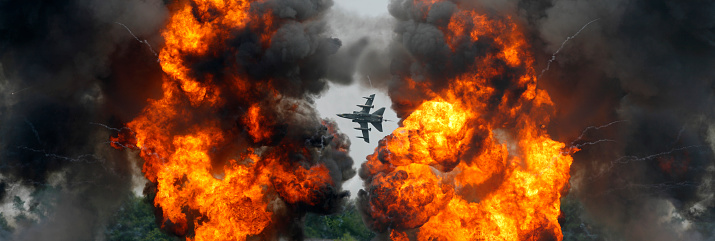 Tornado fighter jet flying through an explosion.