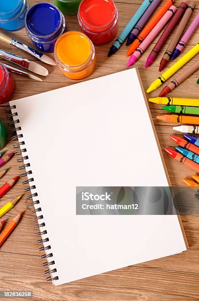 School Supplies With Blank Book Stock Photo - Download Image Now - Above, Angle, Art and Craft Equipment