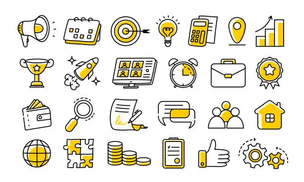 Vector illustration of Business and marketing hand drawn outline icons set. Vector icons.